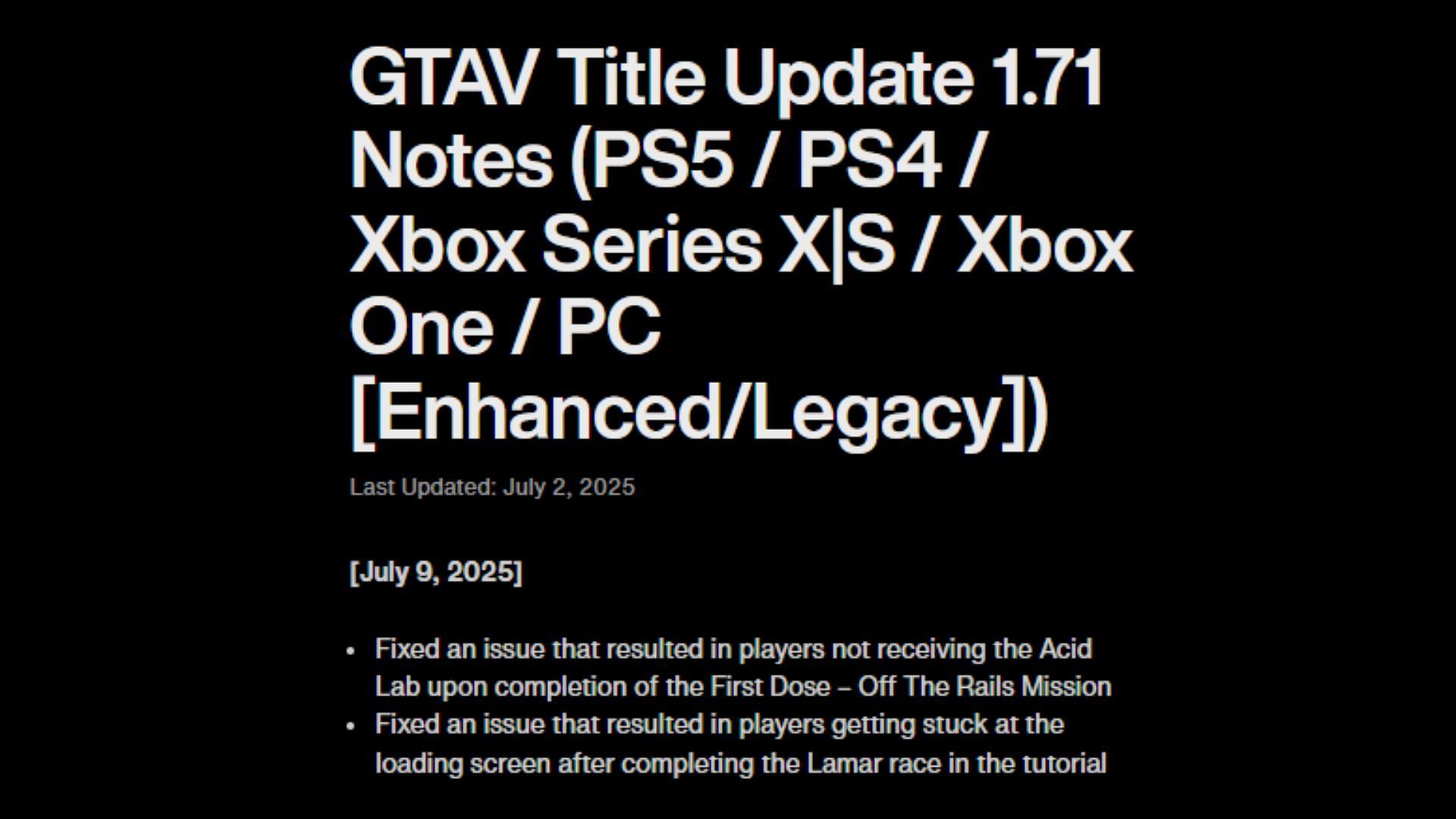 A screenshot of the Rockstar Games Support page with the latest GTA Online update's patch notes (Image via Rockstar Games)